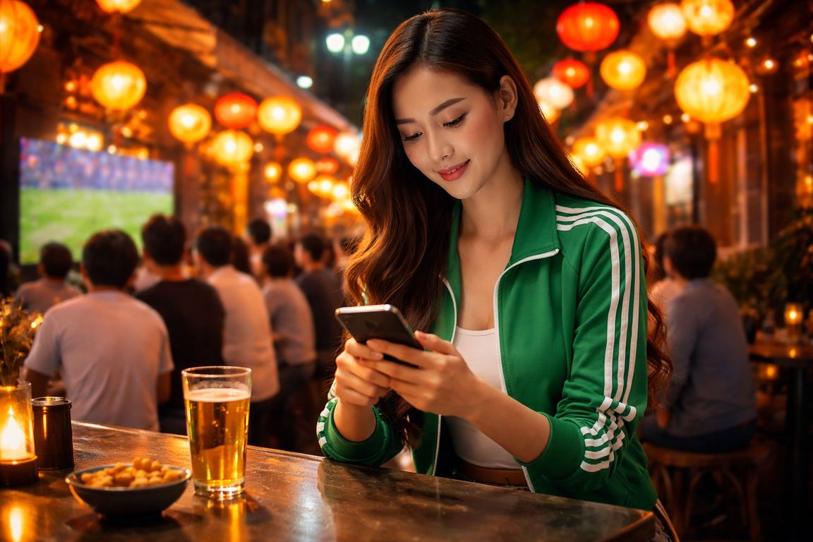 Người hâm mộ bóng đá tại Hà Nội xem kèo và theo dõi trận đấu qua điện thoại vào buổi tối