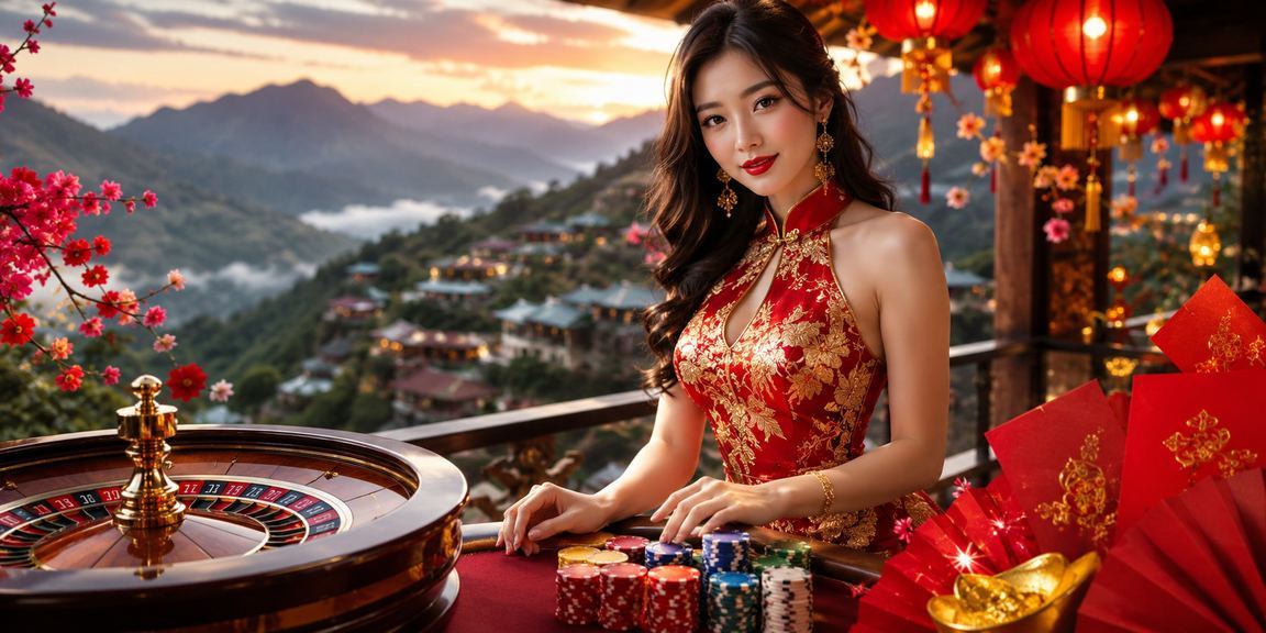 Bầu không khí roulette và đèn lồng trang trí theo phong cách Sapa trong sảnh casino ảo
